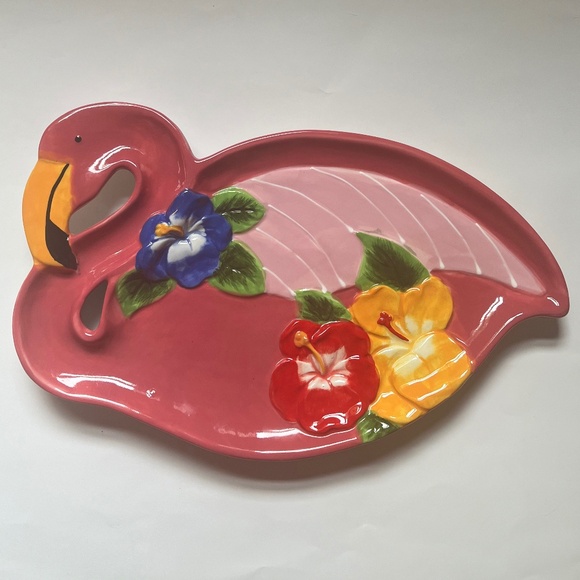 Pier 1 Imports Pink Flamingo/Tropical Florida Design Plate/Tray-Hand Painted - Picture 1 of 7
